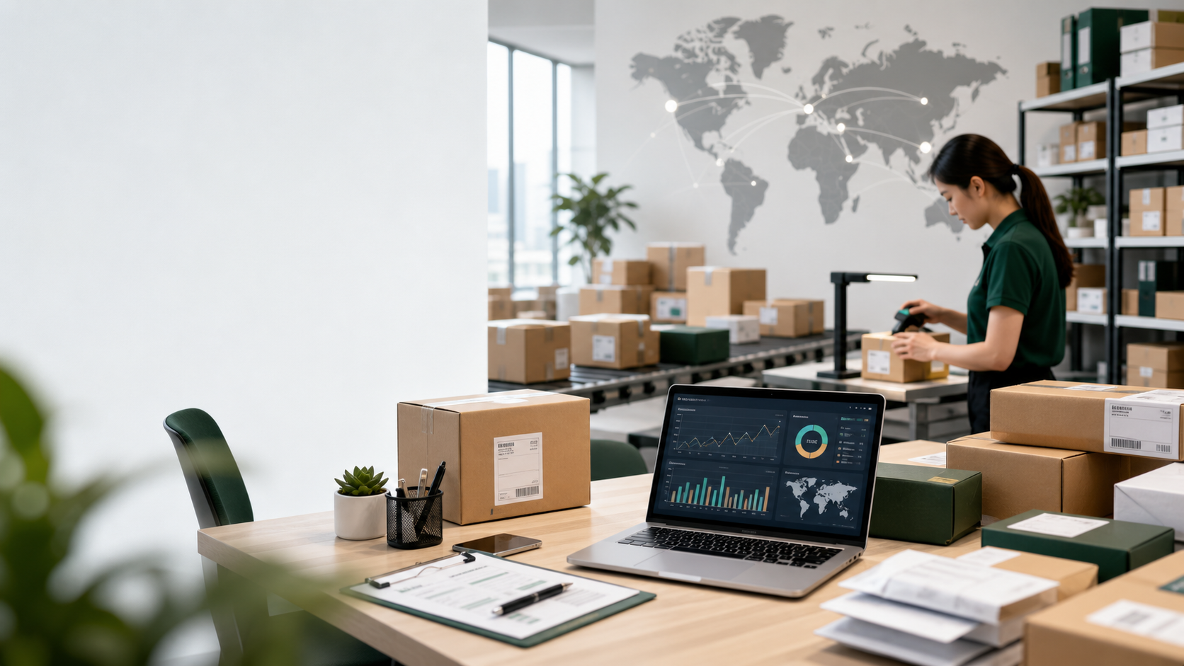 Modern cross-border commerce operations office with product cartons and logistics workflow